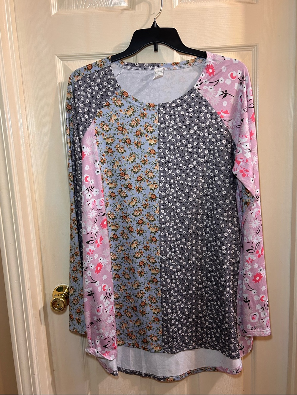Patchwork Floral Long Sleeve Tunic - Pink, Blue, Gray - Picture 1 of 7